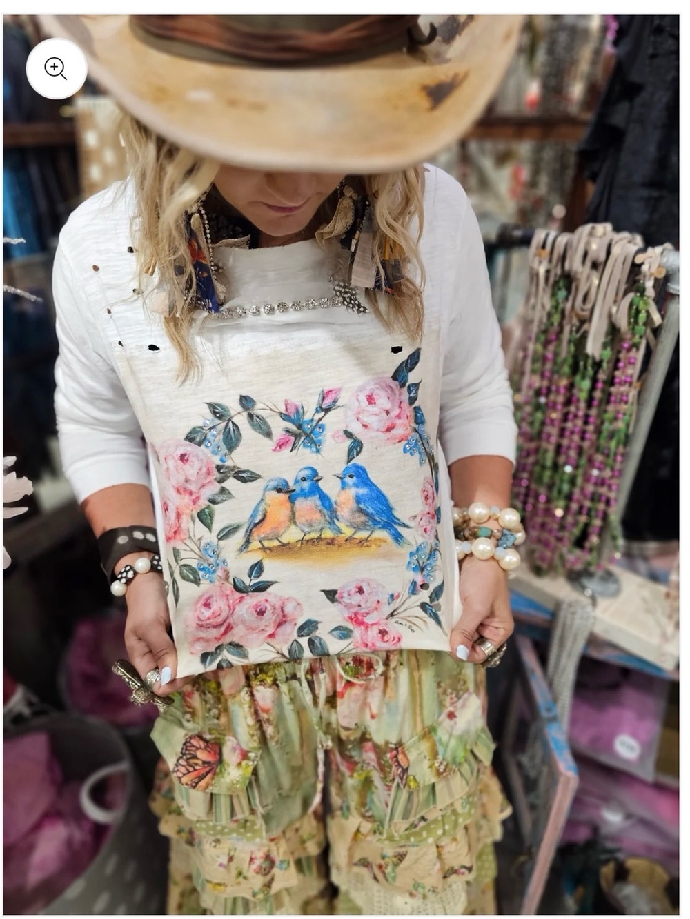 A Rare Bird Tweetheart Boho Floral Bird Print Cream Top